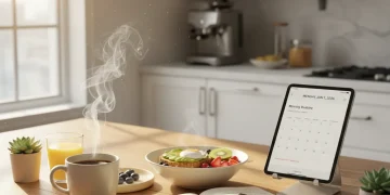 Sunrise kitchen with coffee and planner for productive morning routine