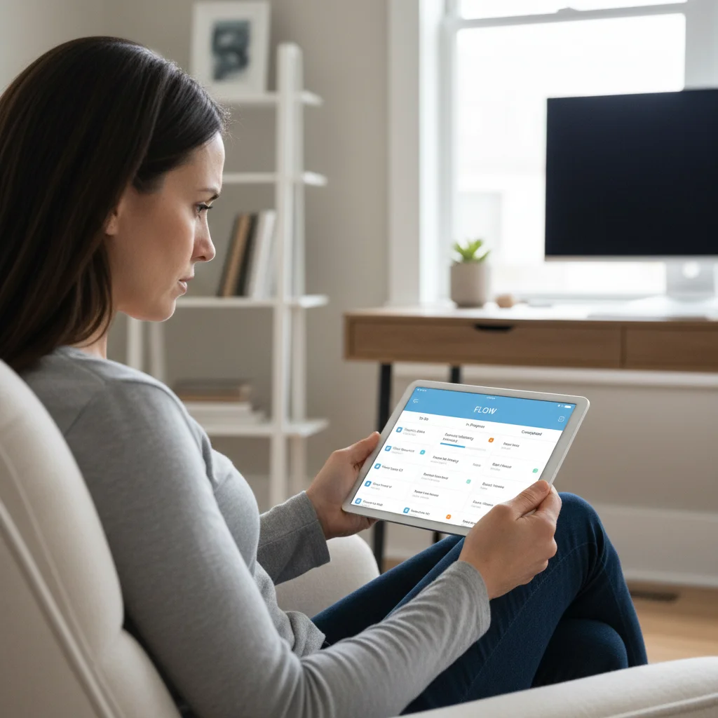 Person using a tablet for task management with a productivity app