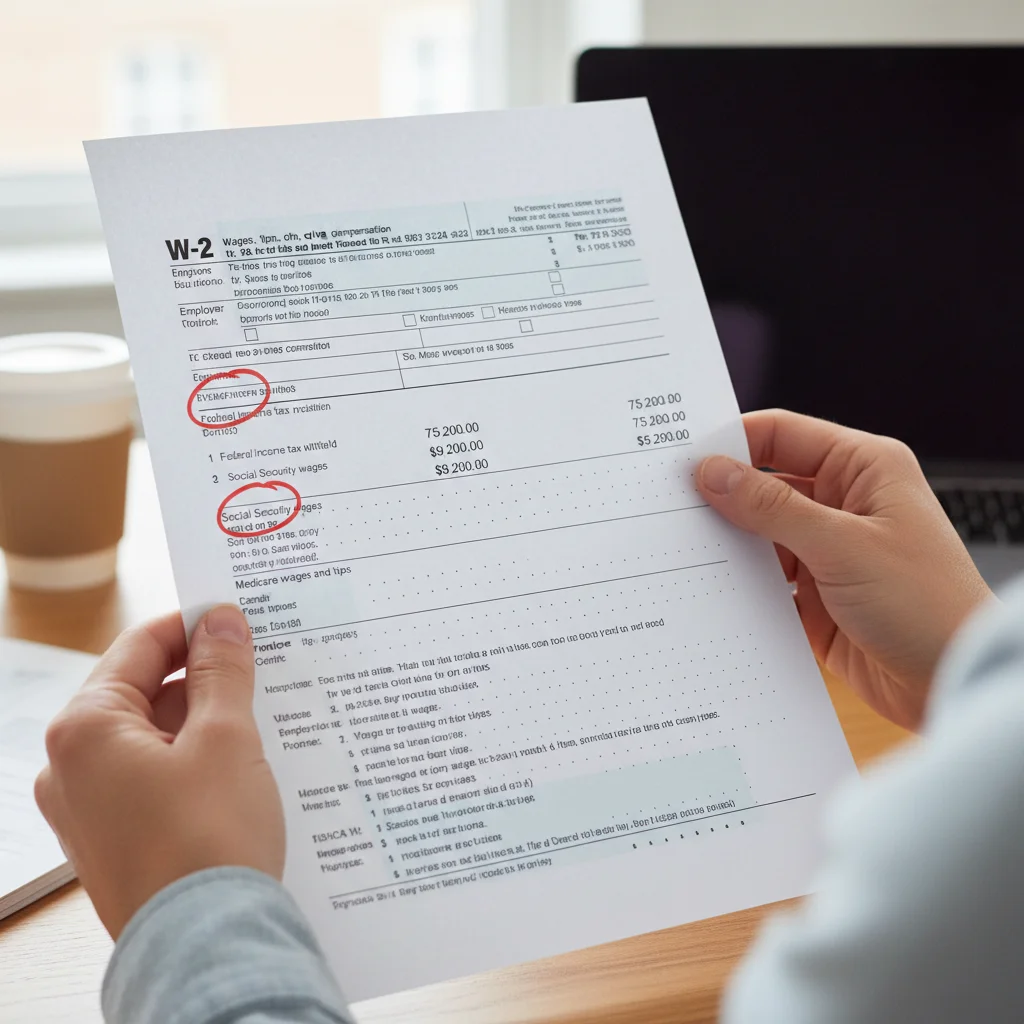 Hands holding a W-2 form, emphasizing crucial income details for tax filing.